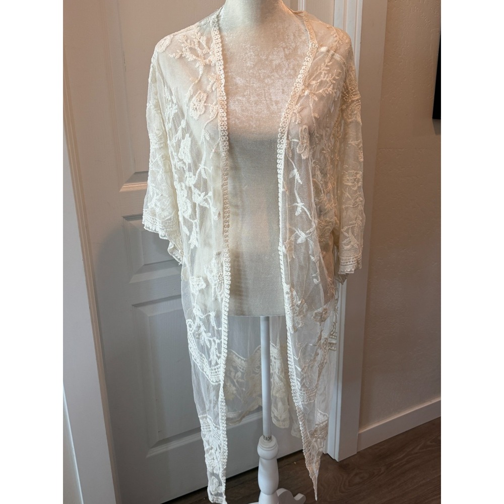 Bohemian Sheer Cream Floral Lace Kimono Duster Cardigan Reg S/M‎